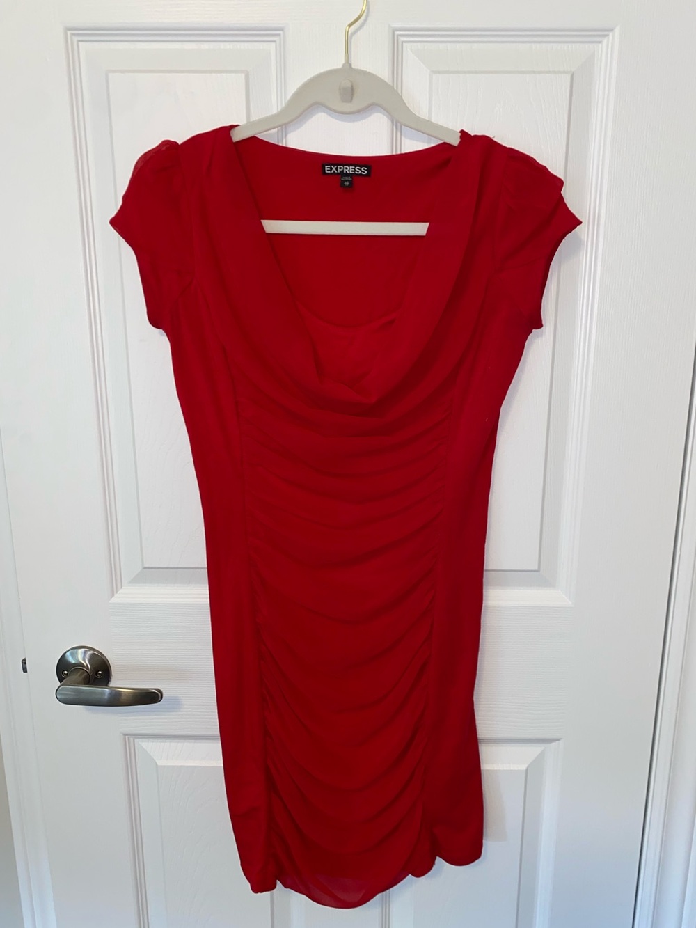 Express Red Cowl-Neck Ruched Dress